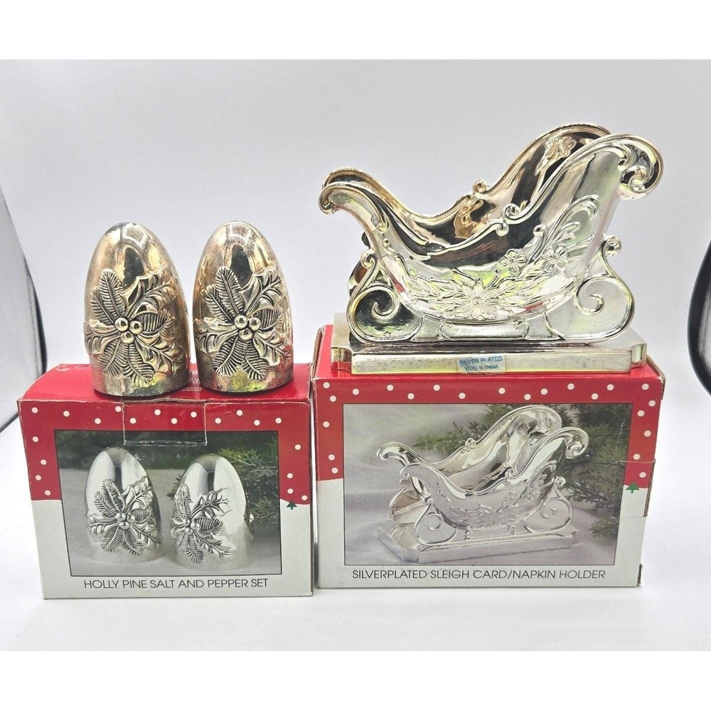 International Silver Co. Christmas Sleigh Napkin Holder & Holly Shakers